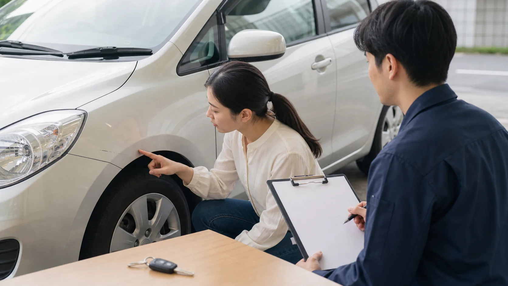 カーリース契約前に車の状態や注意点を確認しているイメージ