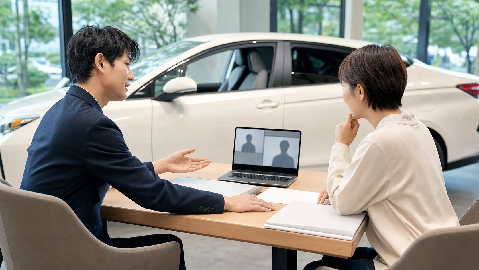 カーリースの申し込み前に車と書類を確認しているイメージ