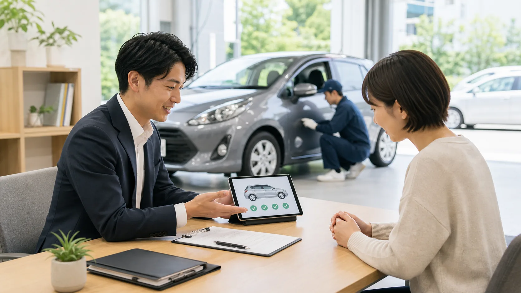 カーリースの残価保証と返却時の条件を相談しているイメージ
