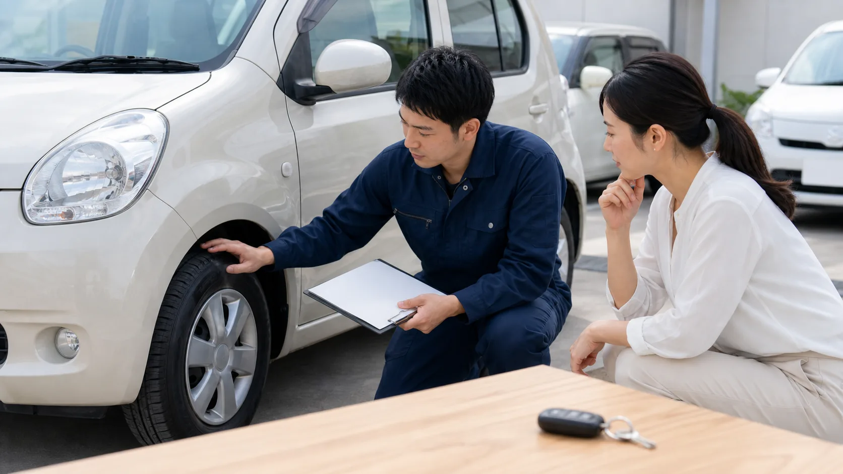 中古車カーリースで車両状態を確認しているイメージ